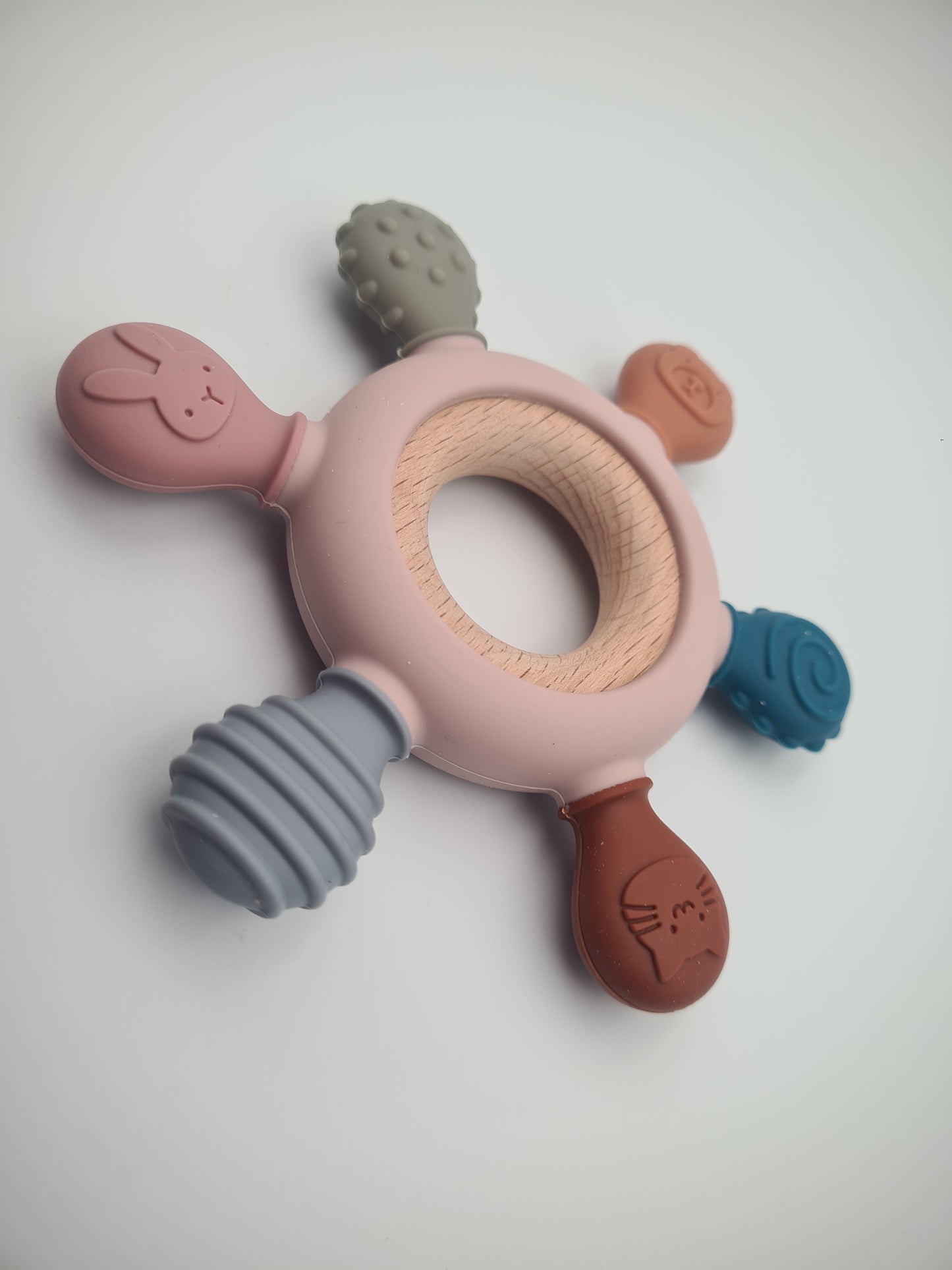 Multi-Texture Silicone & Wooden Baby Teether Ring – Sensory Teething Toy Woodland Blush