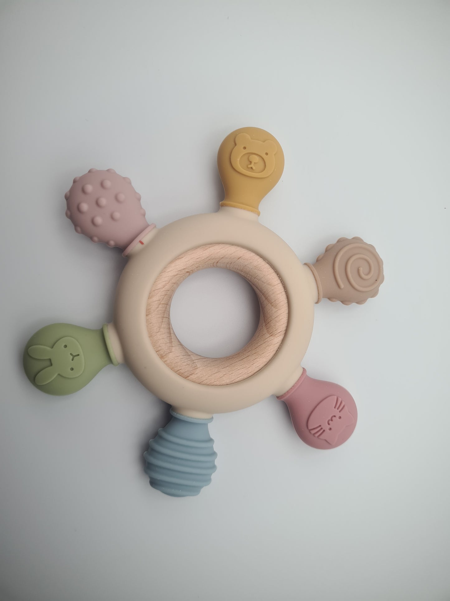 Multi-Texture Silicone & Wooden Baby Teether Ring – Sensory Teething Toy Muted Garden