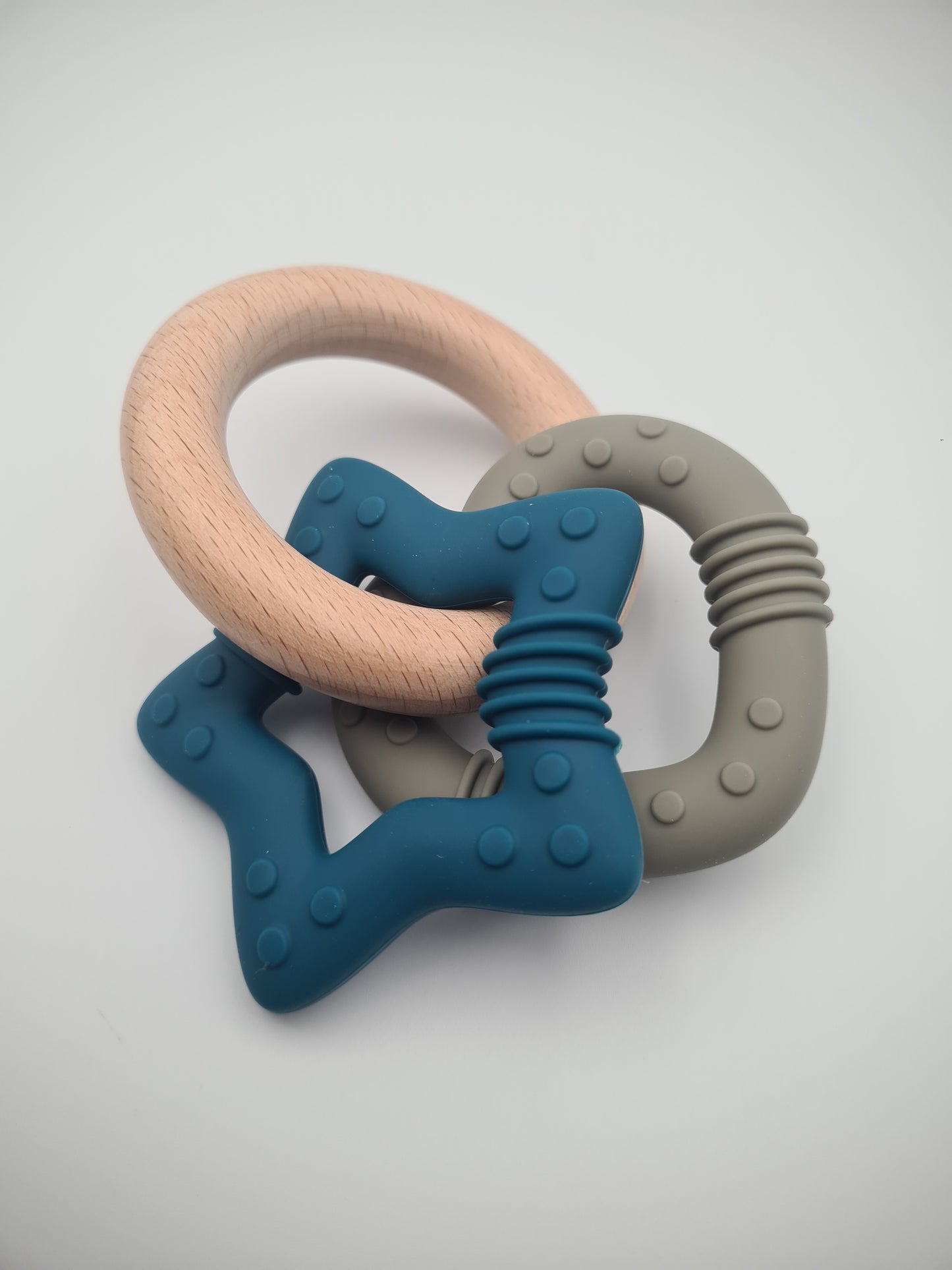 Silicone & Wooden Baby Teether Ring Set – BPA-Free Sensory Teething Toy Teal & Timber