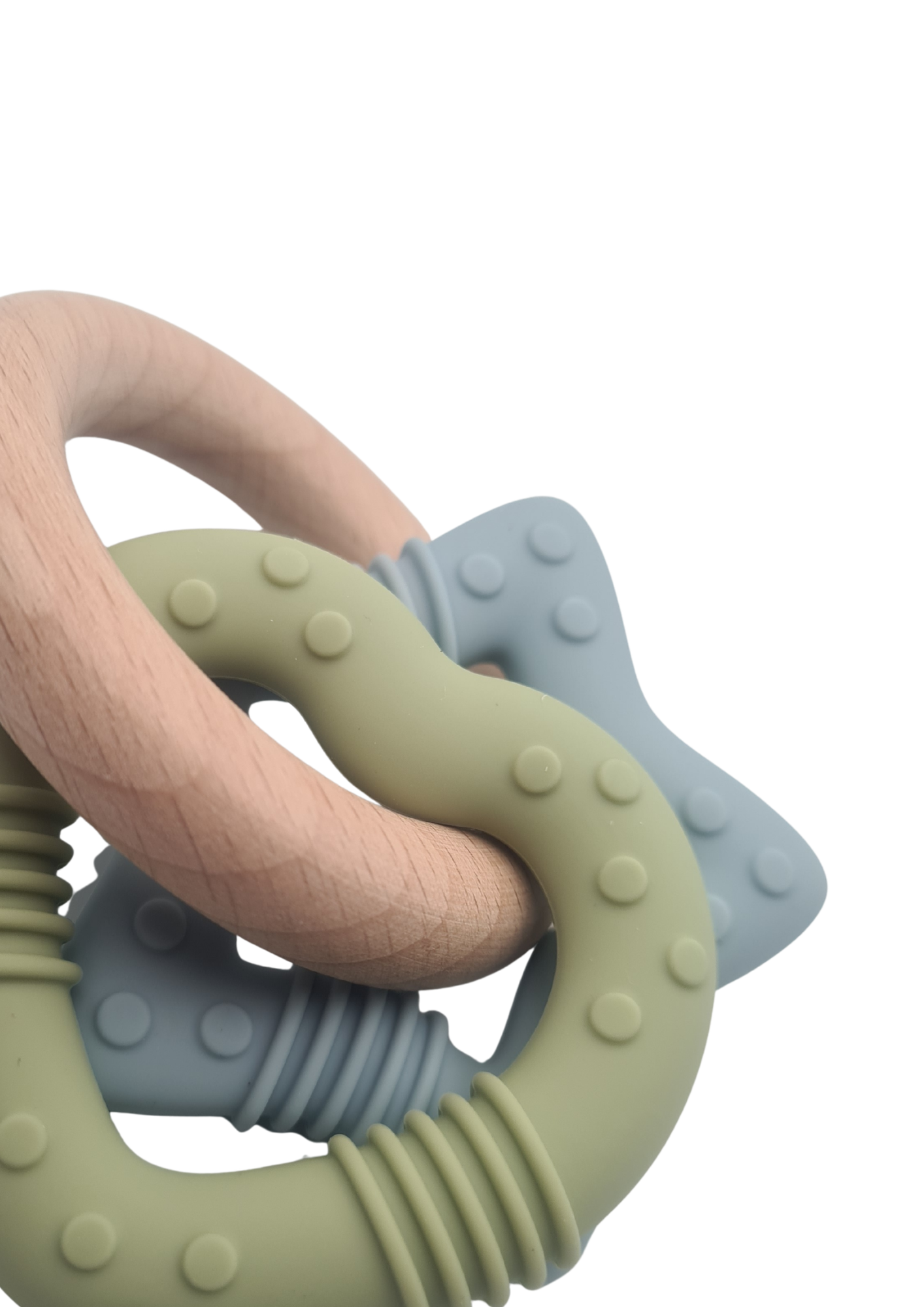 Silicone & Wooden Baby Teether Ring Set – BPA-Free Sensory Teething Toy Sage & Sky