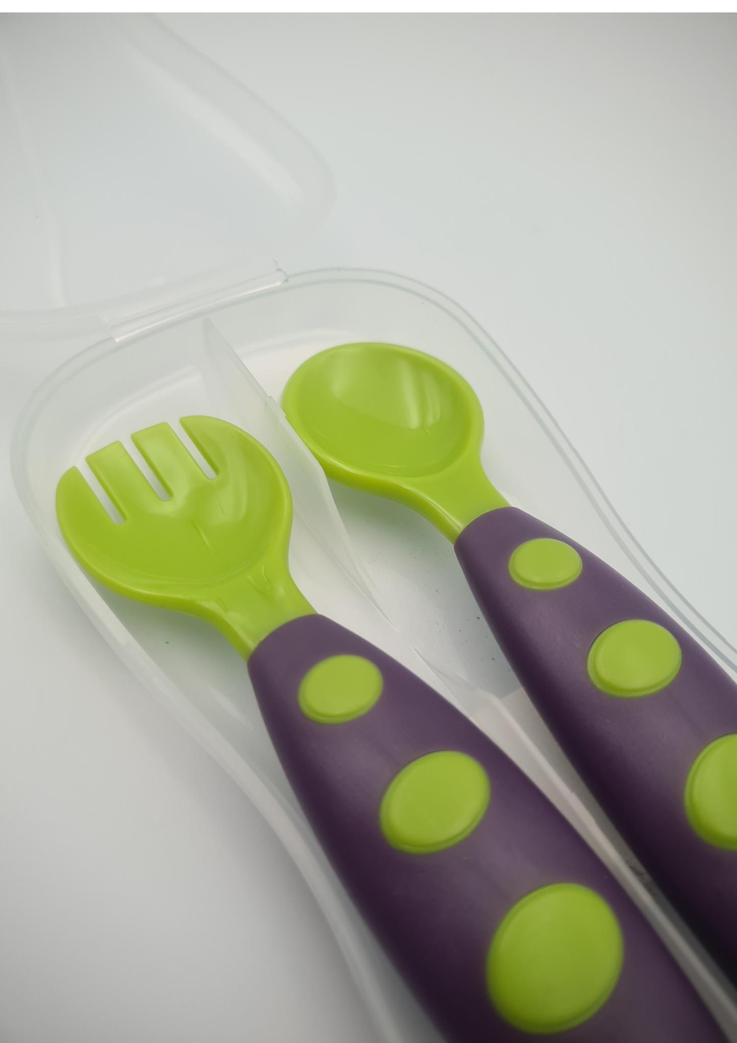 Hush Finds Baby Toddler Training Cutlery Set with Travel Case – Soft Grip Spoon & Fork (Polka Dot Handle) Purple and Green