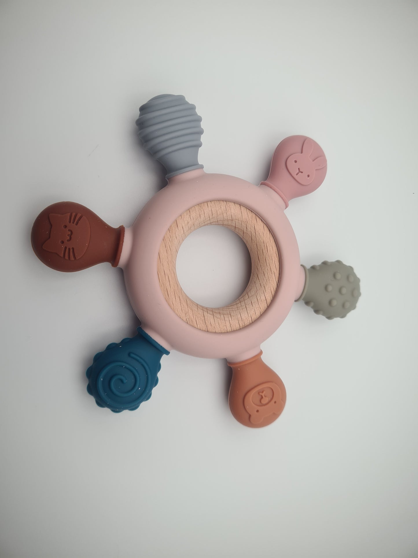 Multi-Texture Silicone & Wooden Baby Teether Ring – Sensory Teething Toy Woodland Blush