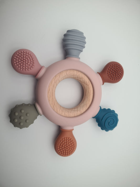 Multi-Texture Silicone & Wooden Baby Teether Ring – Sensory Teething Toy Woodland Blush
