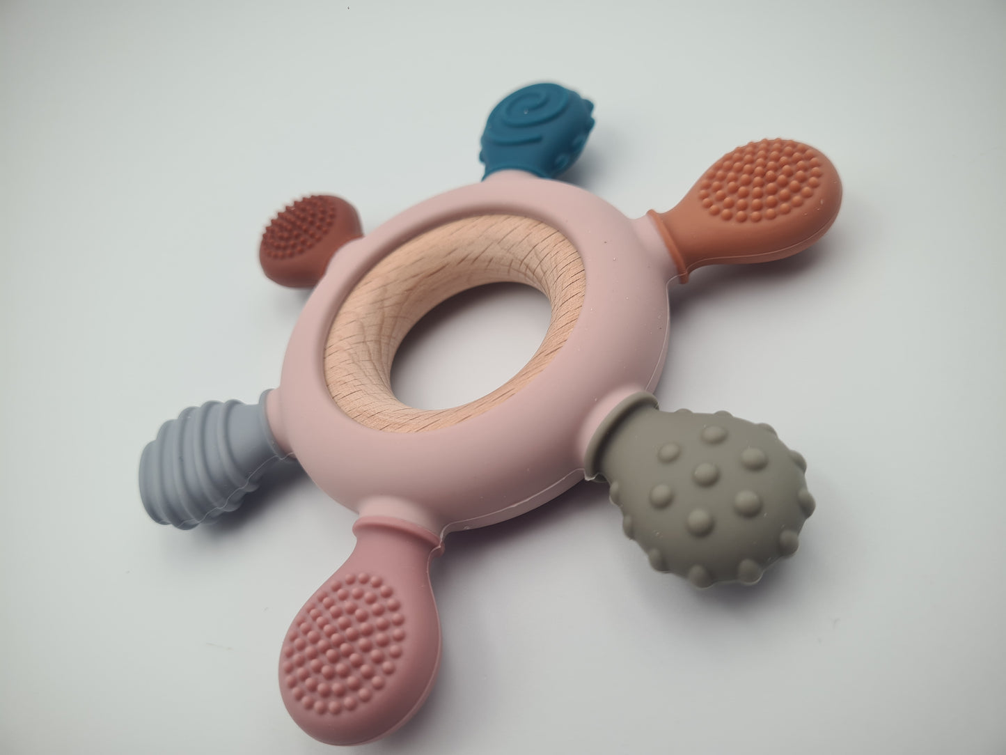Multi-Texture Silicone & Wooden Baby Teether Ring – Sensory Teething Toy Woodland Blush