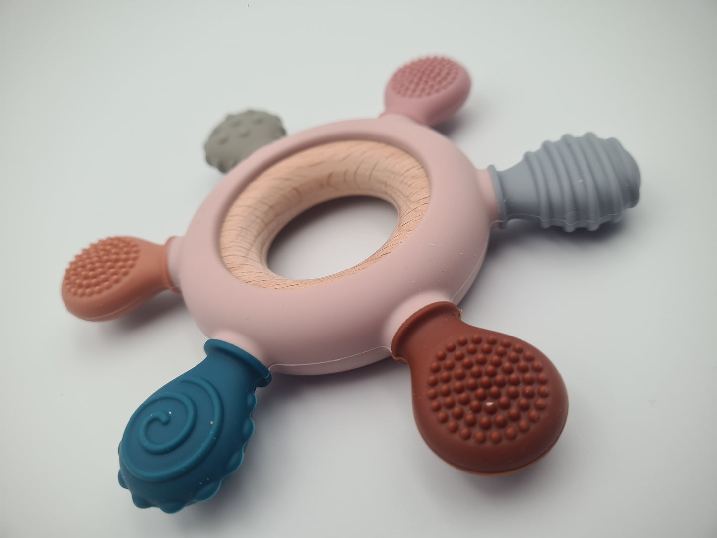 Multi-Texture Silicone & Wooden Baby Teether Ring – Sensory Teething Toy Woodland Blush