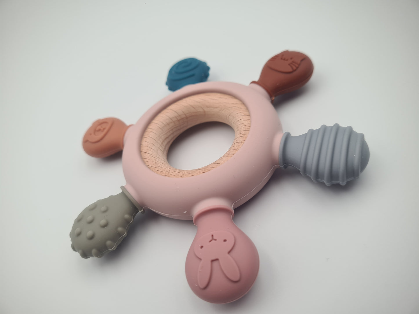Multi-Texture Silicone & Wooden Baby Teether Ring – Sensory Teething Toy Woodland Blush