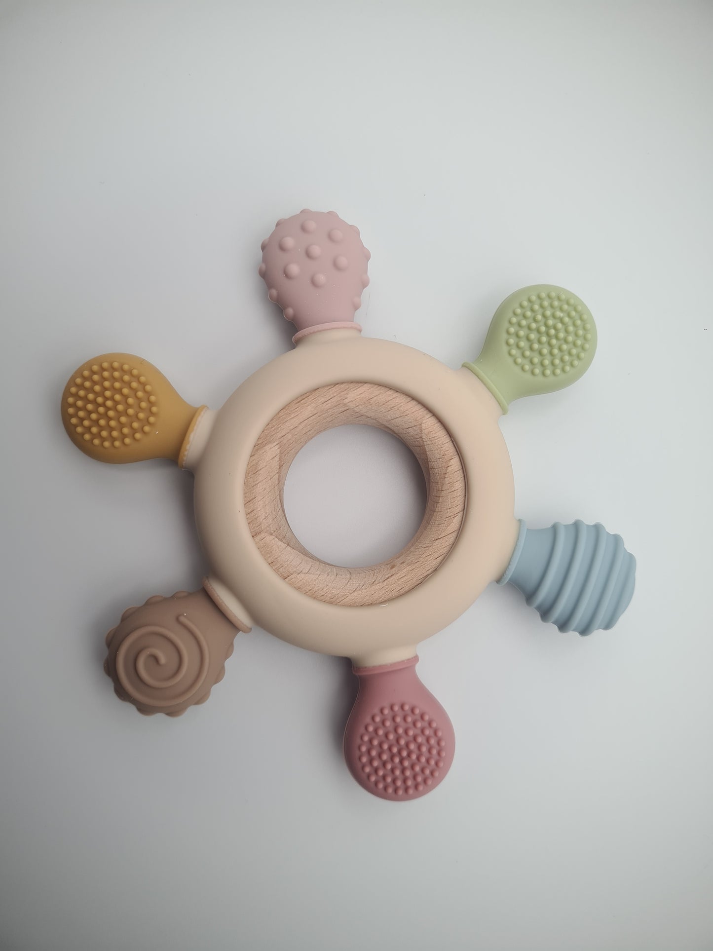 Multi-Texture Silicone & Wooden Baby Teether Ring – Sensory Teething Toy Muted Garden