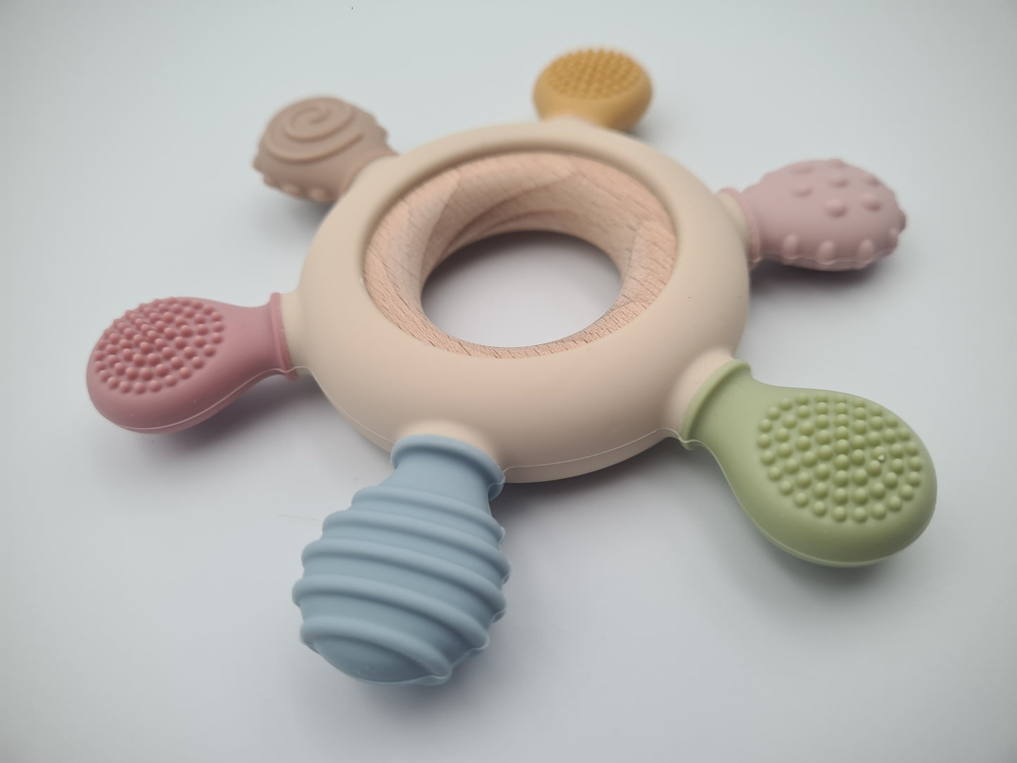 Multi-Texture Silicone & Wooden Baby Teether Ring – Sensory Teething Toy Muted Garden