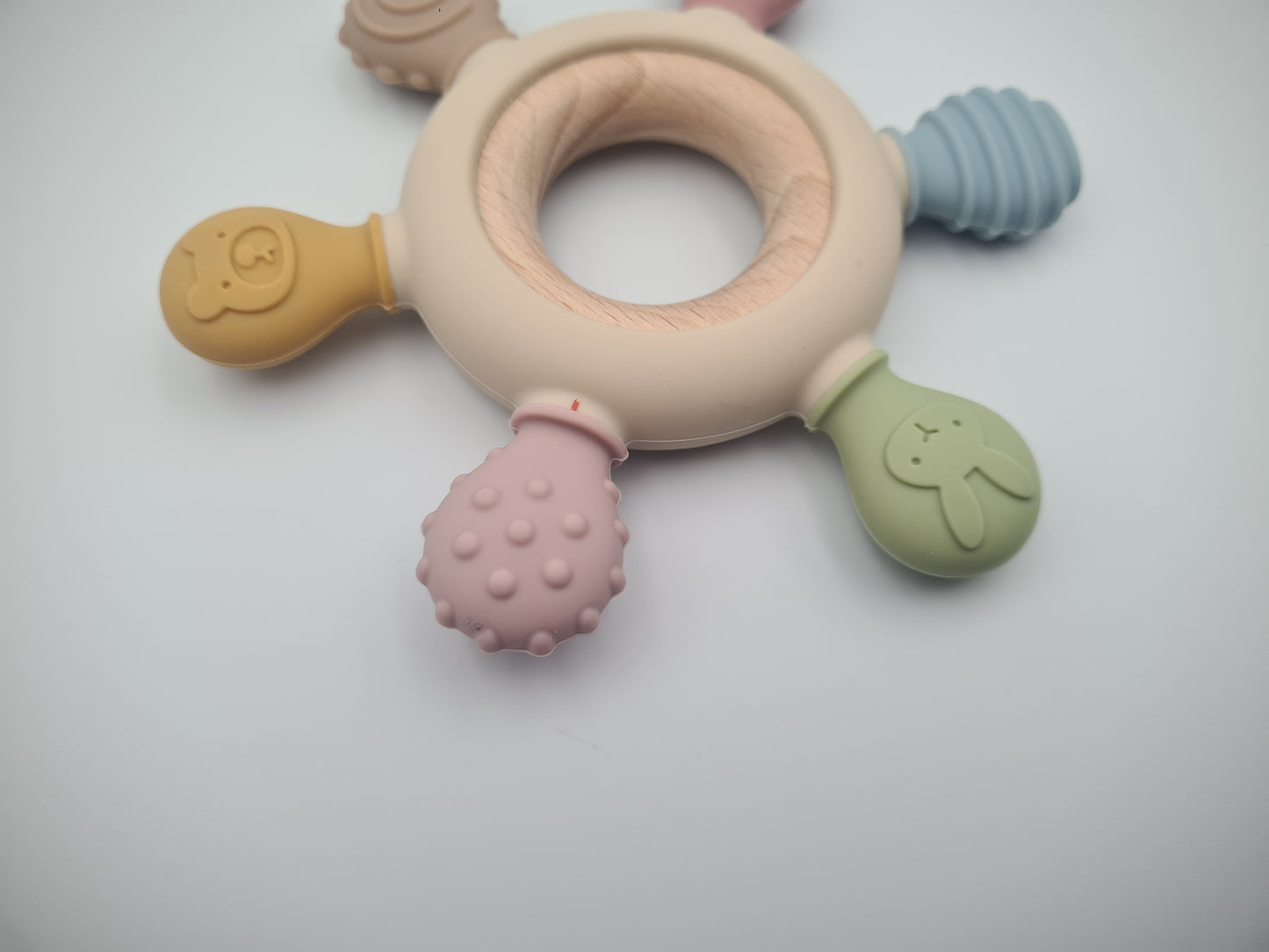 Multi-Texture Silicone & Wooden Baby Teether Ring – Sensory Teething Toy Muted Garden