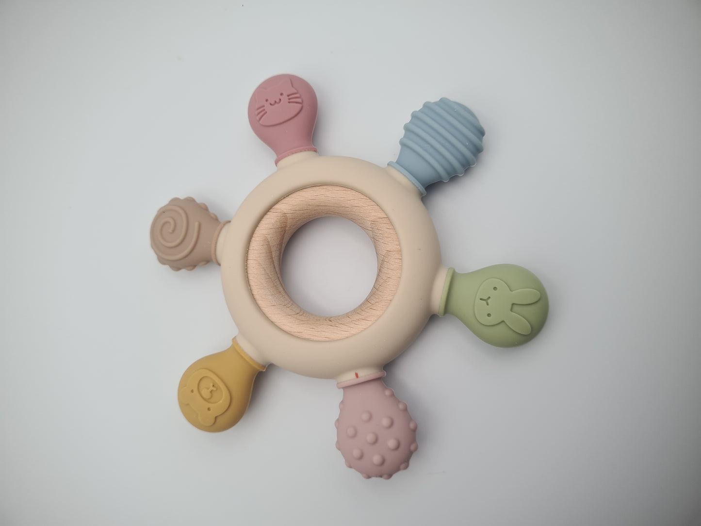 Multi-Texture Silicone & Wooden Baby Teether Ring – Sensory Teething Toy Muted Garden