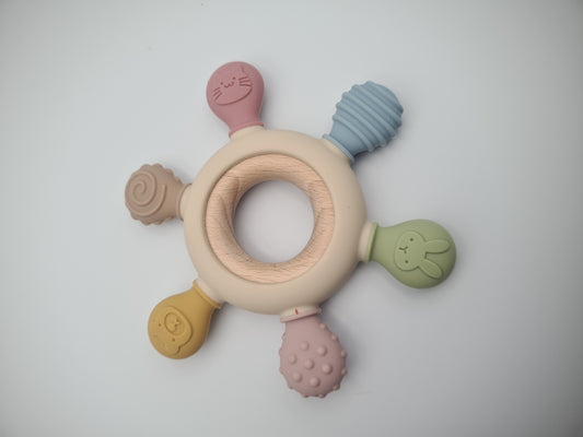 Multi-Texture Silicone & Wooden Baby Teether Ring – Sensory Teething Toy Muted Garden