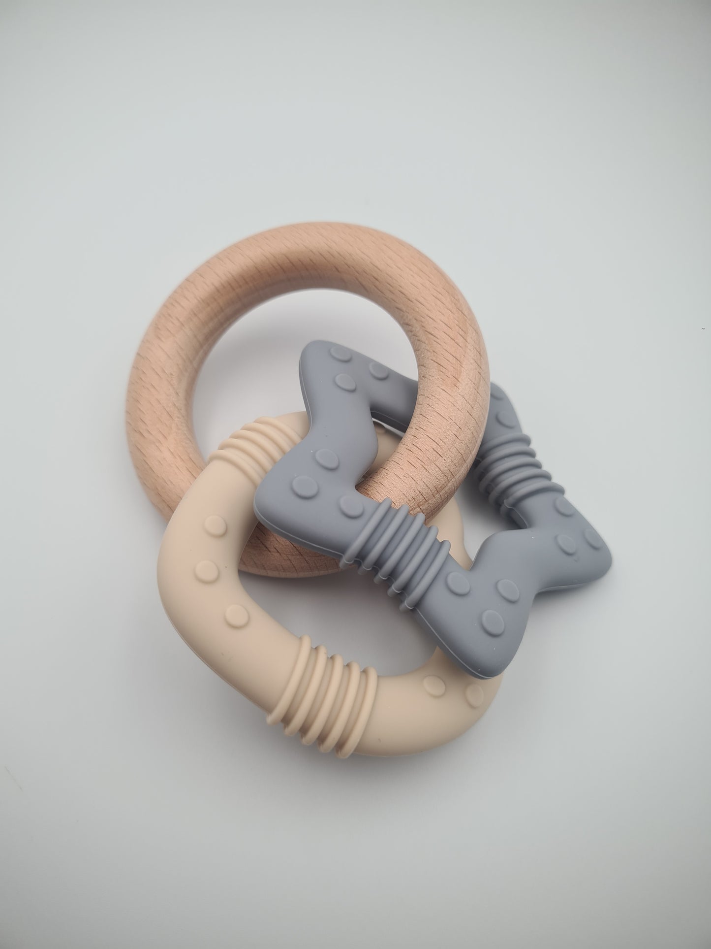 Silicone & Wooden Baby Teether Ring Set – BPA-Free Sensory Teething Toy Ash & Almond