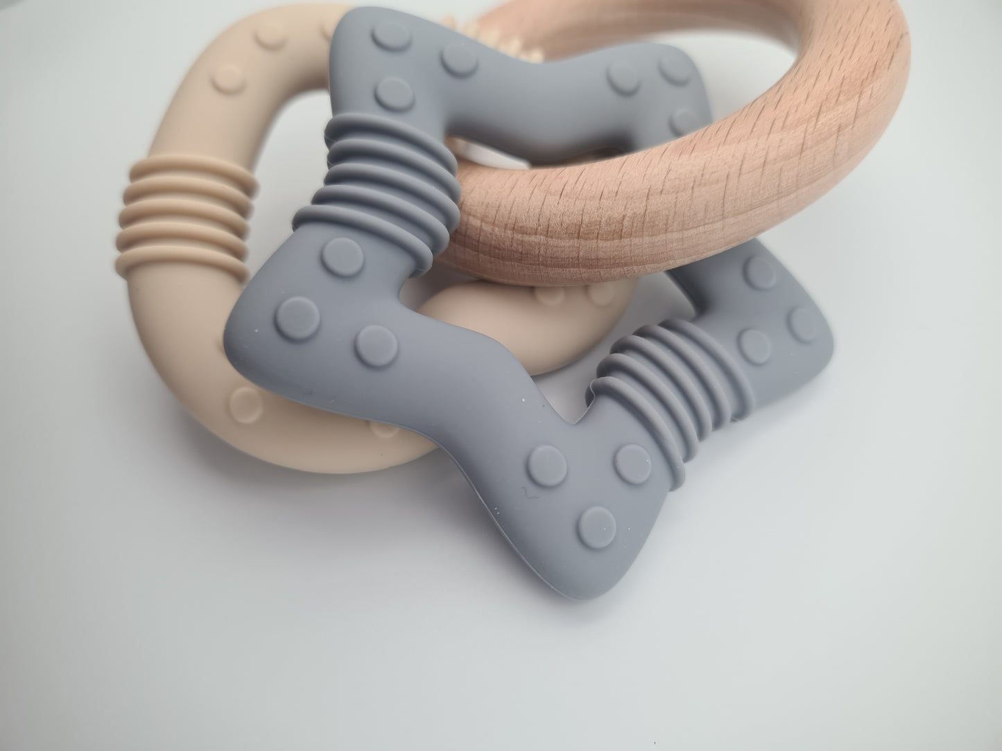 Silicone & Wooden Baby Teether Ring Set – BPA-Free Sensory Teething Toy Ash & Almond