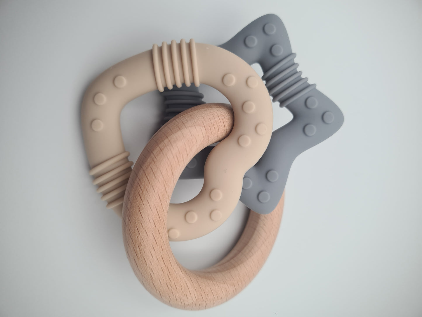 Silicone & Wooden Baby Teether Ring Set – BPA-Free Sensory Teething Toy Ash & Almond