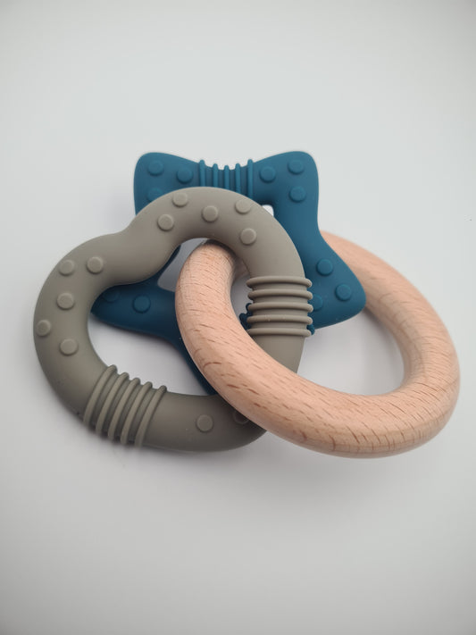 Silicone & Wooden Baby Teether Ring Set – BPA-Free Sensory Teething Toy Teal & Timber