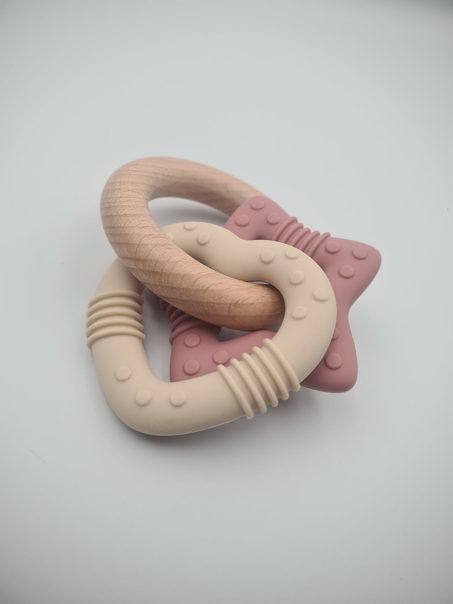 Silicone & Wooden Baby Teether Ring Set – BPA-Free Sensory Teething Toy Blush & Biscuit