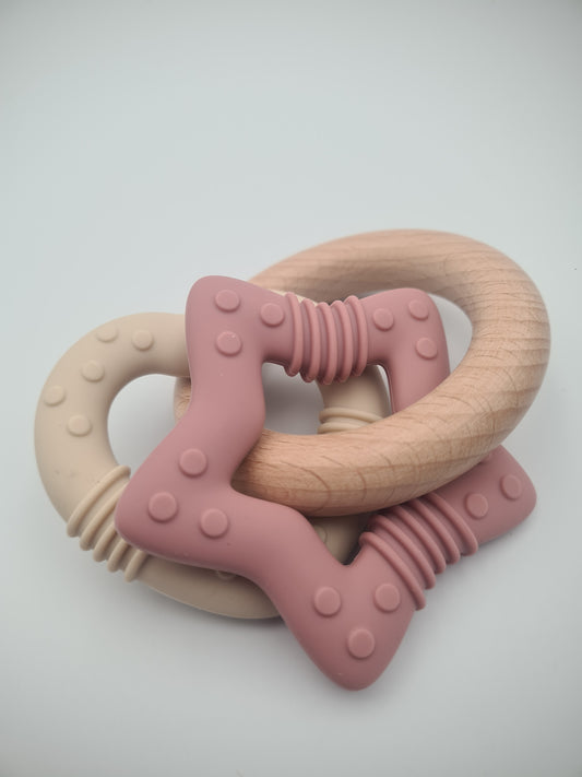 Silicone & Wooden Baby Teether Ring Set – BPA-Free Sensory Teething Toy Blush & Biscuit