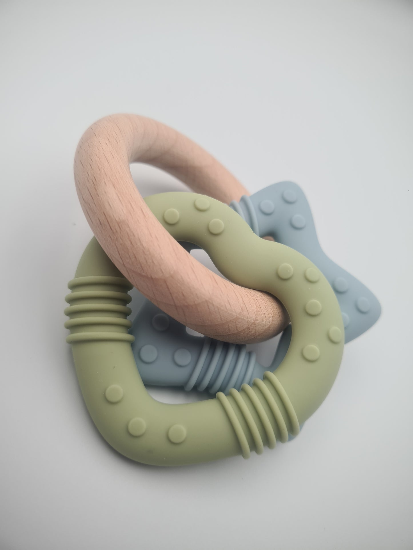 Silicone & Wooden Baby Teether Ring Set – BPA-Free Sensory Teething Toy Sage & Sky