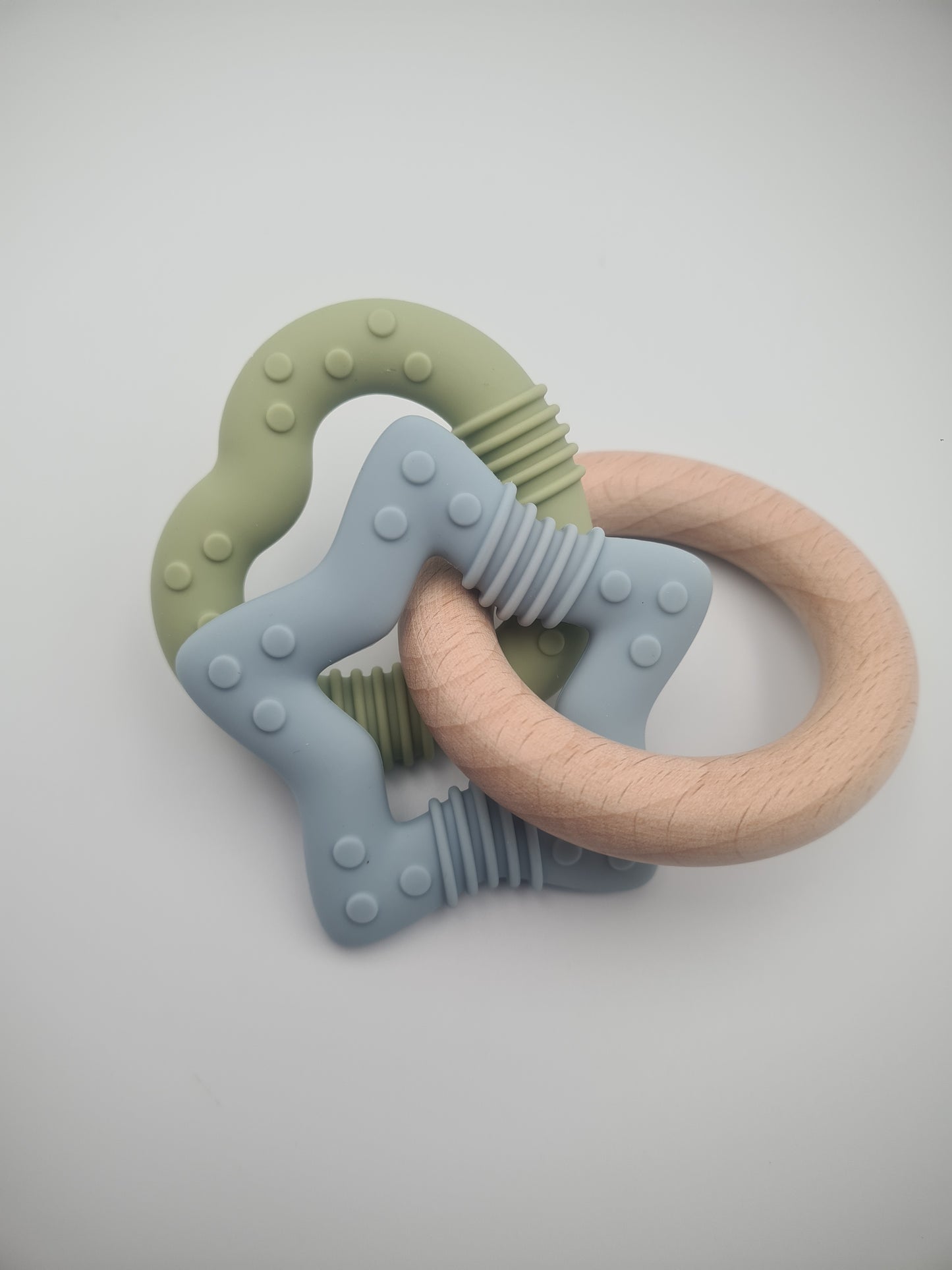 Silicone & Wooden Baby Teether Ring Set – BPA-Free Sensory Teething Toy Sage & Sky