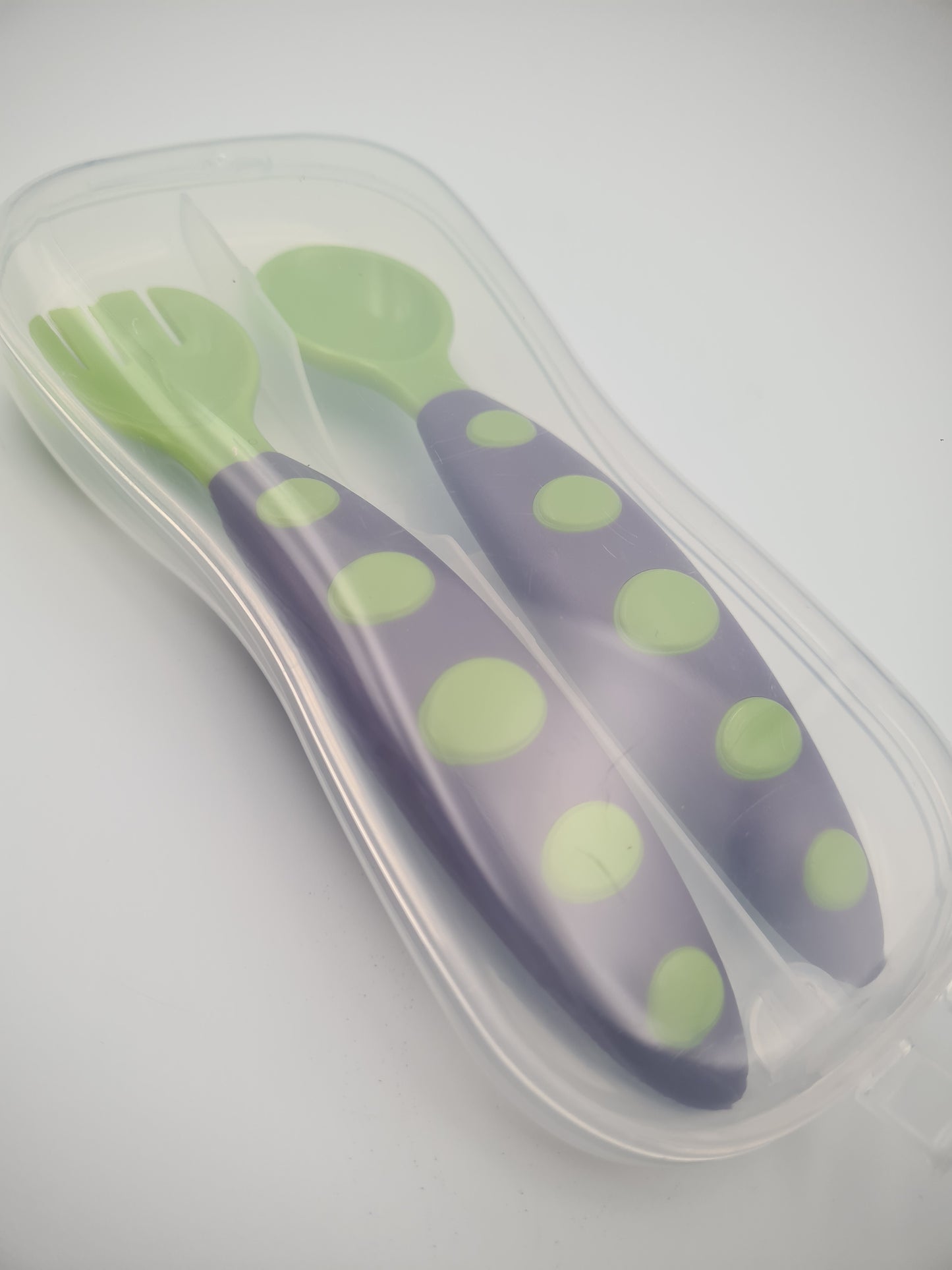 Hush Finds Baby Toddler Training Cutlery Set with Travel Case – Soft Grip Spoon & Fork (Polka Dot Handle) Purple and Green