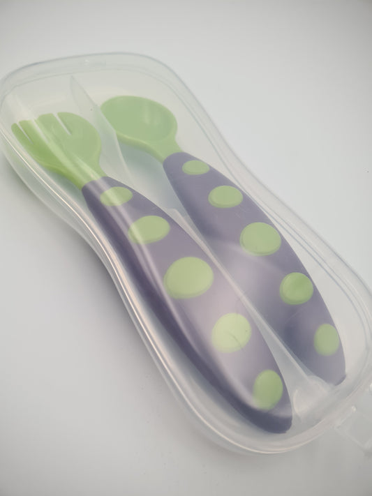 Hush Finds Baby Toddler Training Cutlery Set with Travel Case – Soft Grip Spoon & Fork (Polka Dot Handle) Purple and Green
