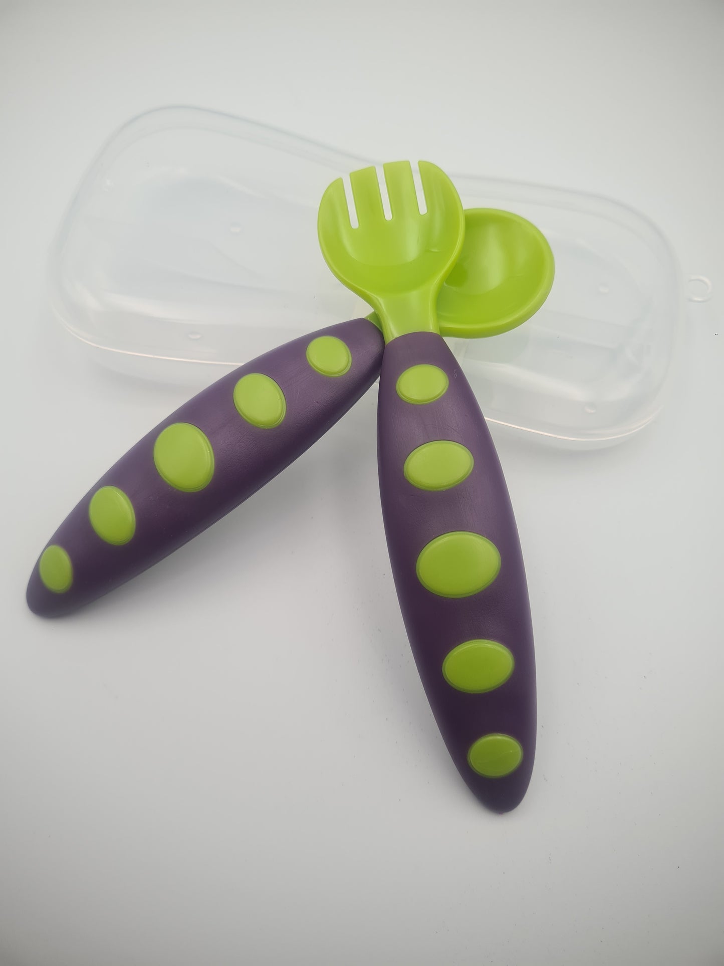 Hush Finds Baby Toddler Training Cutlery Set with Travel Case – Soft Grip Spoon & Fork (Polka Dot Handle) Purple and Green