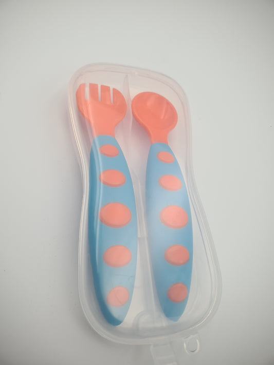Toddler Training Cutlery Set with Spoon, Fork & Travel Case Orange and Blue