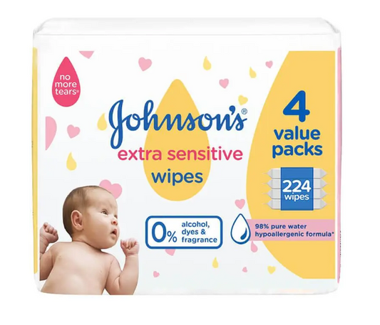 Johnson's Extra Sensitive Baby Wipes – 4 Value Packs (224 Wipes)